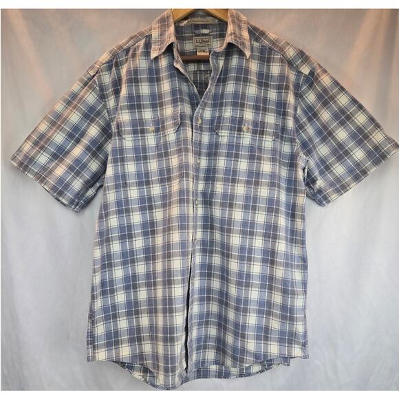LL Bean Blue Plaid Button Down Short Sleeve Shirt 100% Cotton Mens Medium - Picture 2 of 5